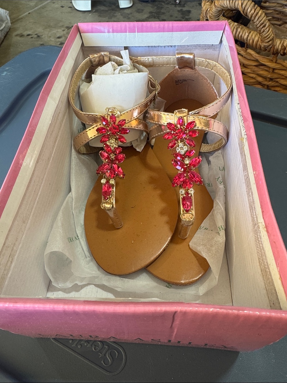 Laura Ashley Rose Gold T-Strap Sandals with Pink Gem Floral Accents